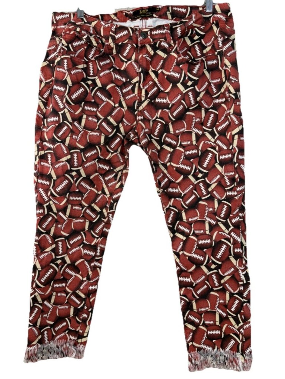 Lucky & Blessed Sz 18 (Actual 38x25) All Over Football Print Raw Hem Jeans EUC